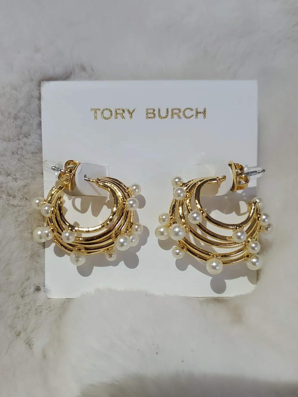 Tory Burch Gold Plated Multi Hoop Earrings with Immitatin Pearl Accents Girlie